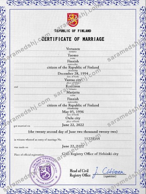 Finland marriage certificate PSD template